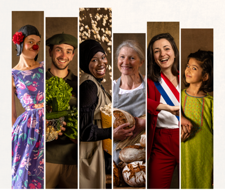 Affiche de l’événement « Vivre Ensemble » place de la Concorde à Paris, du 11 avril au 10 mai 2026, présentant une exposition, un studio photo et des événements, avec une série de portraits illustrant la diversité des métiers et de la société.