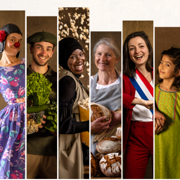 Affiche de l’événement « Vivre Ensemble » place de la Concorde à Paris, du 11 avril au 10 mai 2026, présentant une exposition, un studio photo et des événements, avec une série de portraits illustrant la diversité des métiers et de la société.